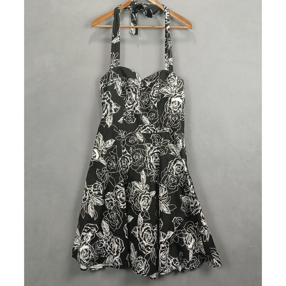 Topdness A-Line Dress Womens XL Black White Floral Smocked Tie Back Sweetheart